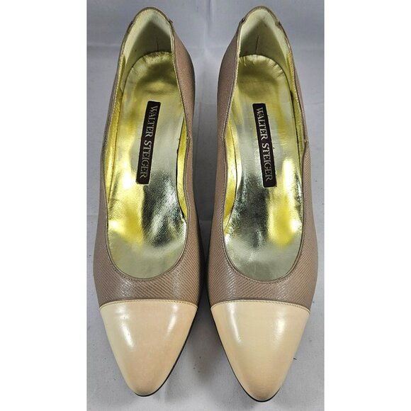 Vintage Walter Steiger Beige & Cream Kitten Heel Pumps Size 7 - Picture 4 of 12